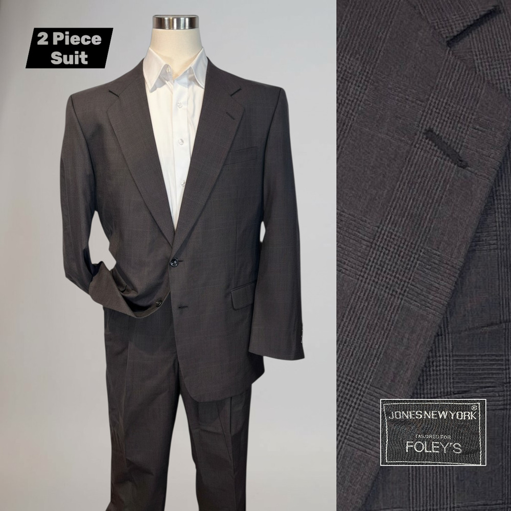 Vtg Jones New York 46L 38x33 Cigar Brown Blue Shadow Glen Plaid Twist Tech Suit